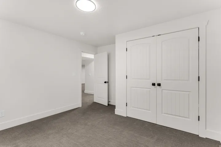 Neutral wall paint, carpet flooring, recessed ceiling light, paneled double doors with dark hardware, and white trim