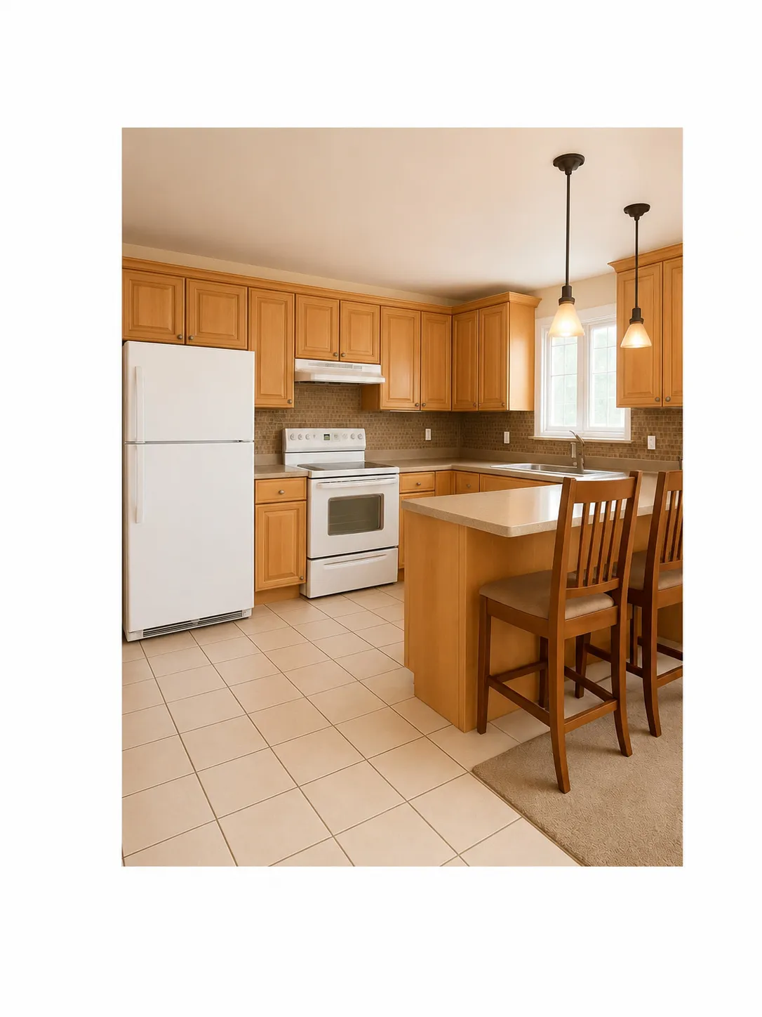 Kitchen featuring light-toned cabinetry, light-colored tile flooring, full suite of white appliances, pendant lighting, and a breakfast bar