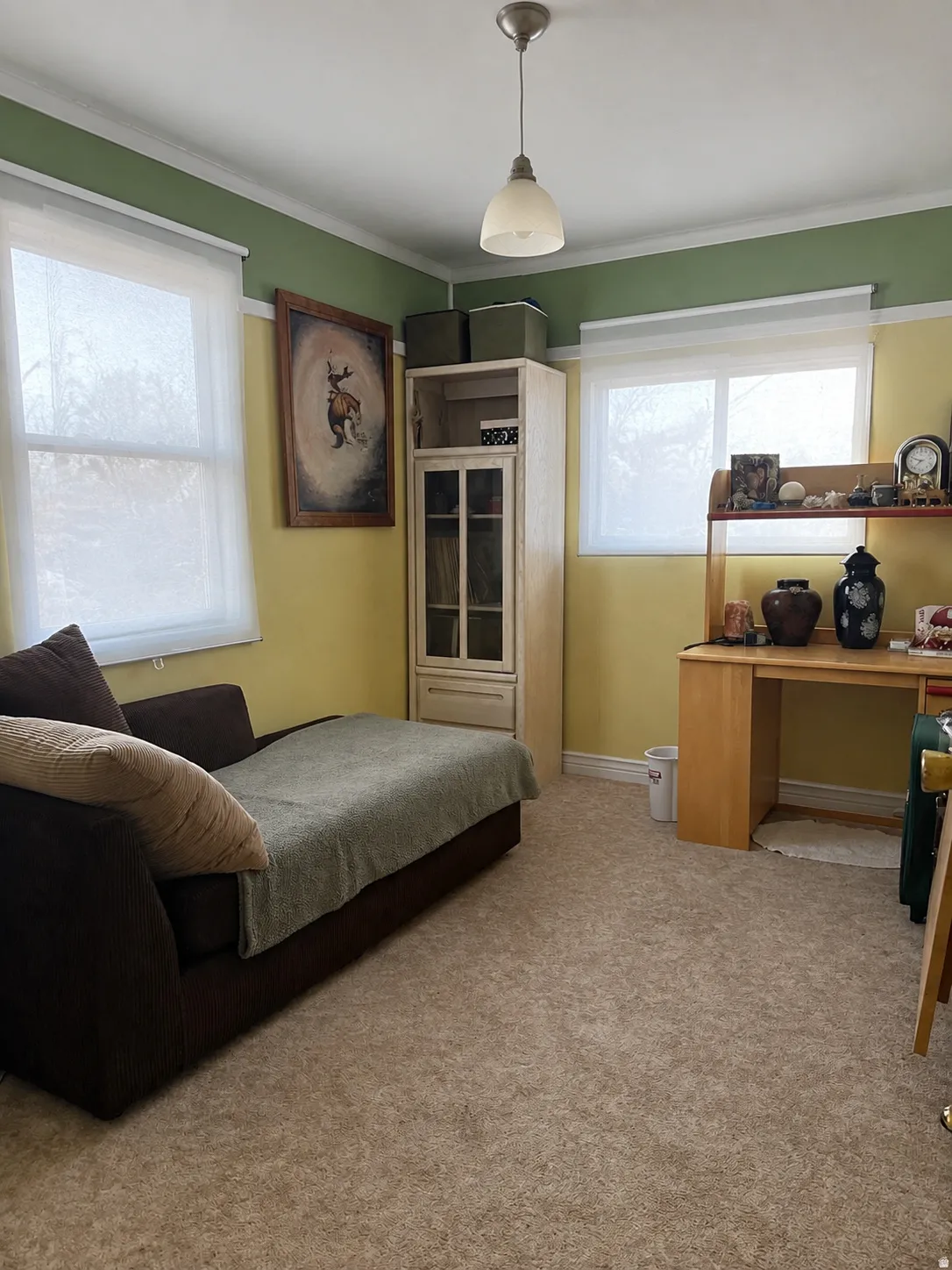Textured carpeting, white trim, and a ceiling-mounted light fixture