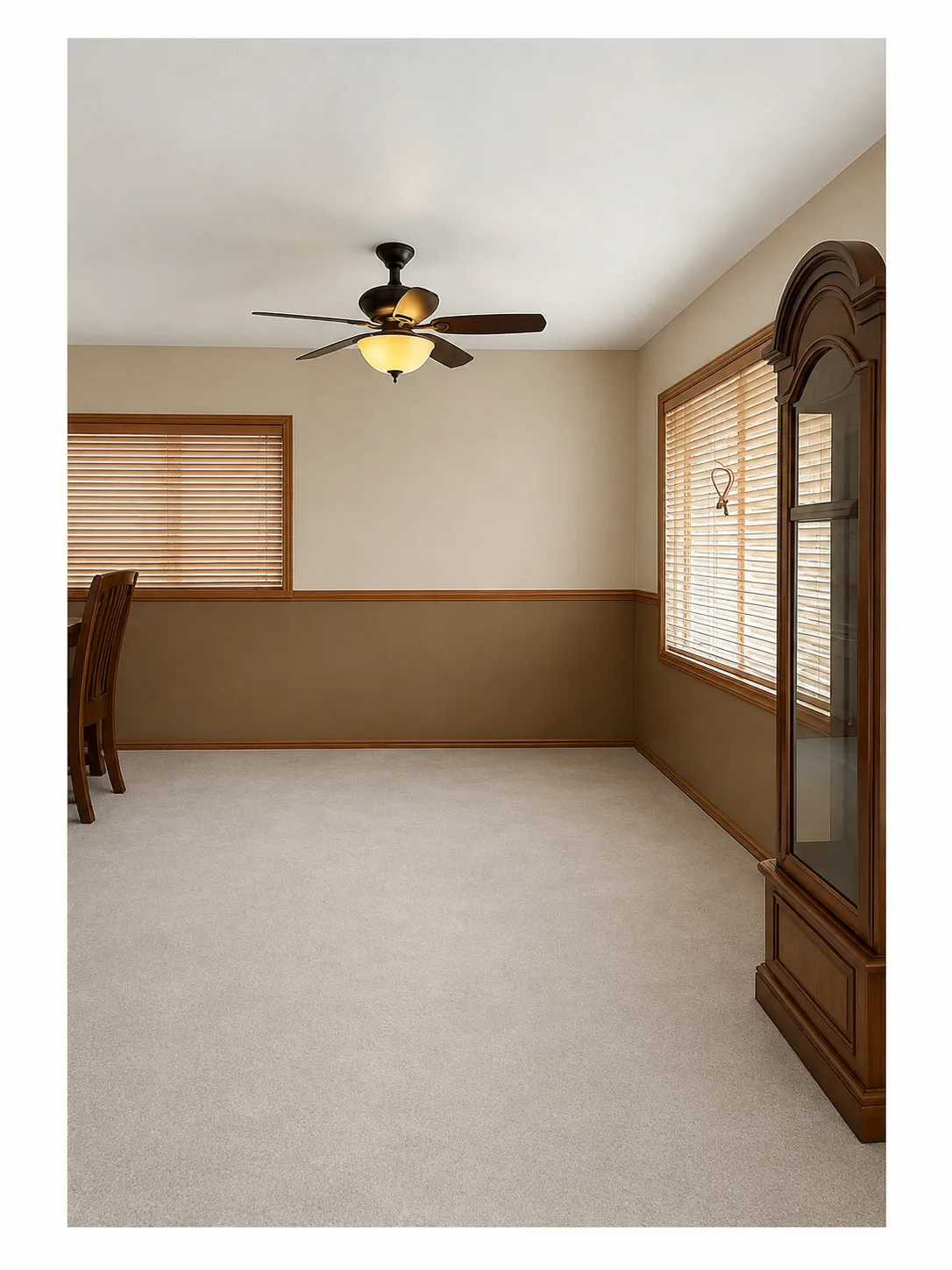 Soft neutral carpeting, two-tone wall paint, and a ceiling fan with integrated lighting