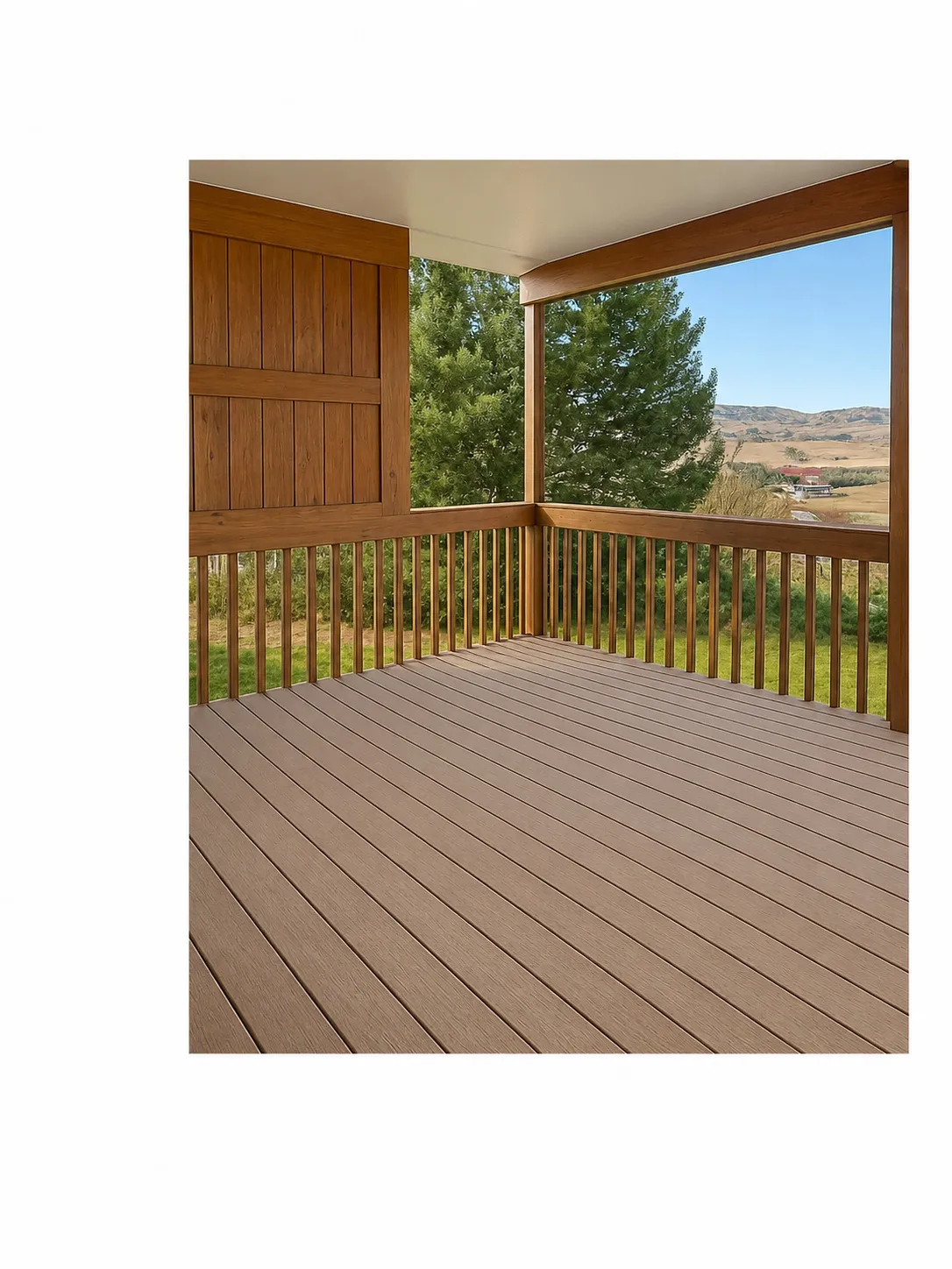 Covered outdoor deck with composite flooring, wood-finish railings, and a panel accent wall