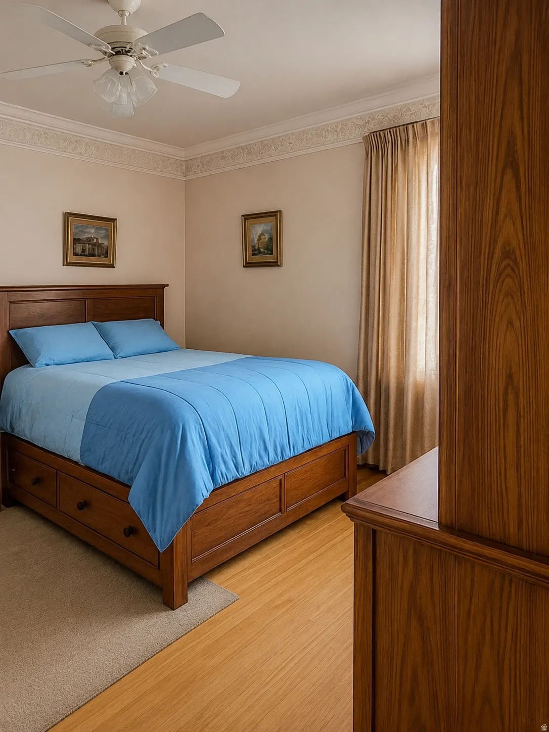 Crown molding accentuates the ceiling, complemented by an overhead fan light fixture
