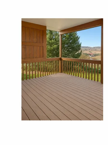 Covered outdoor deck with composite flooring, wood-finish railings, and a panel accent wall