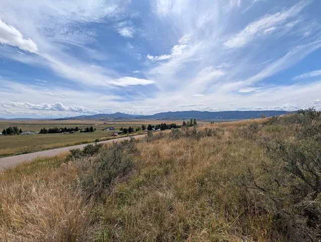 Expansive open land with natural grasses, distant mountain range, and a visible roadway