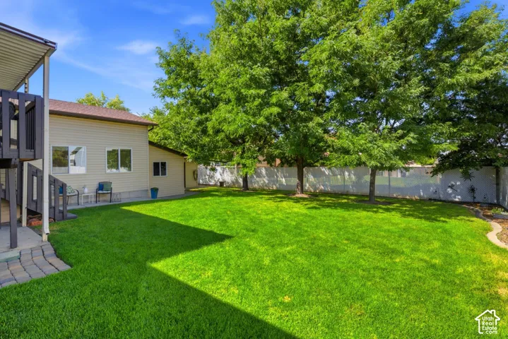 Private and shaded large backyard with a back deck, a patio, and entrances to two sheds for storage.  Mature trees.