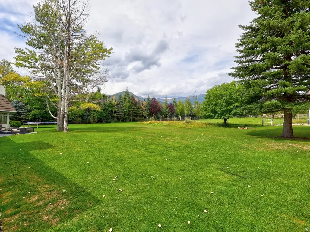 Expansive green lawn with mature trees and mountain scenery