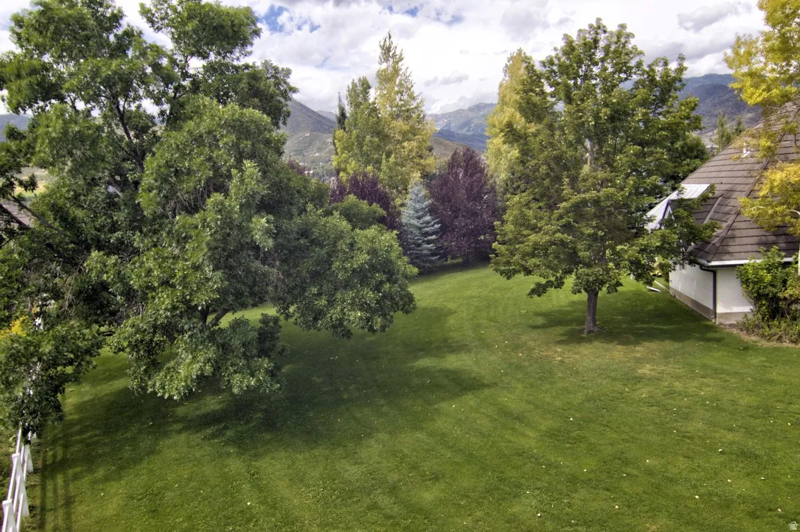 Expansive green lawn with mature trees and a white picket fence, bordered by a mountain backdrop