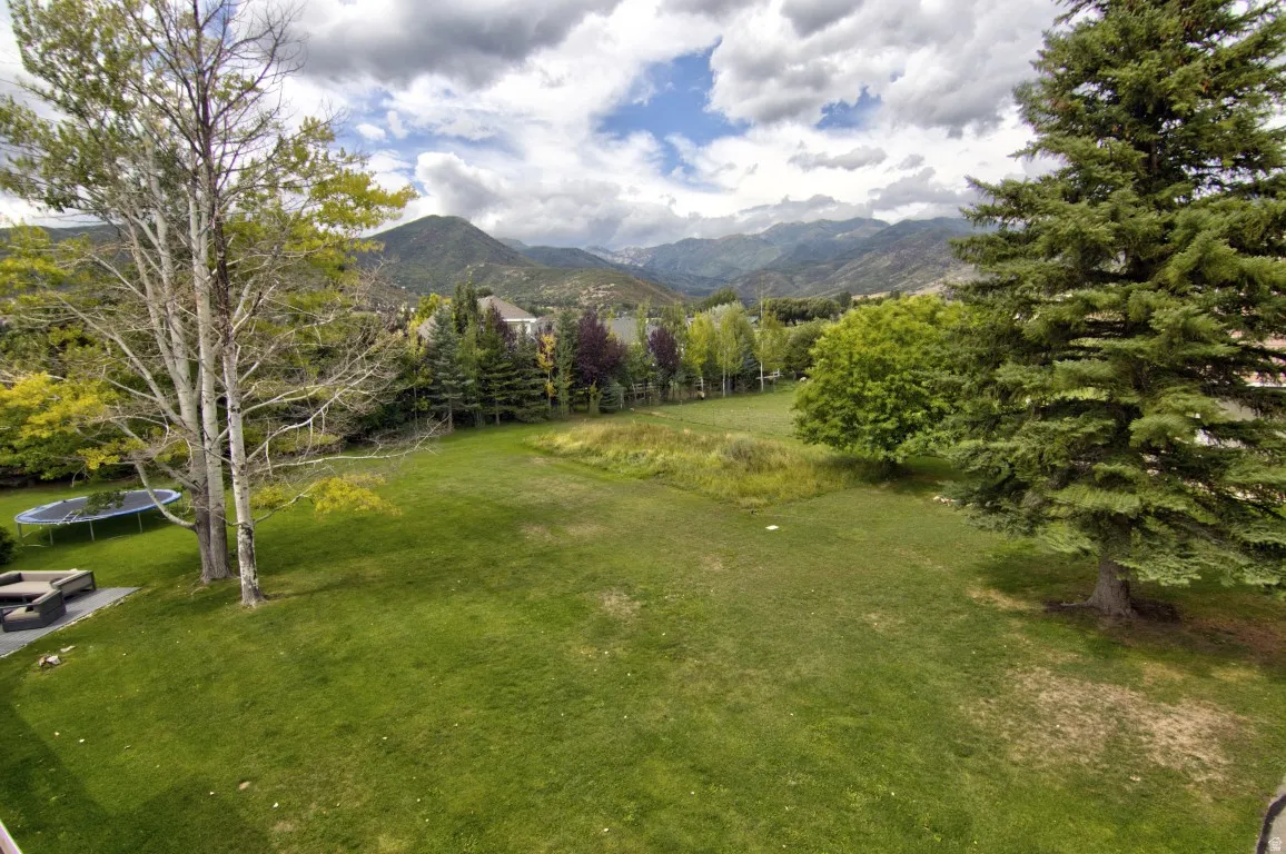 Expansive lawn area with mature trees and a mountain backdrop