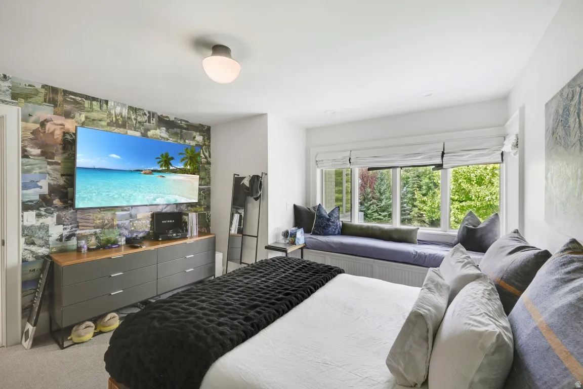 Built-in window seat with integrated storage, large window with natural scenery, wall-mounted television, and a ceiling-mounted light fixture