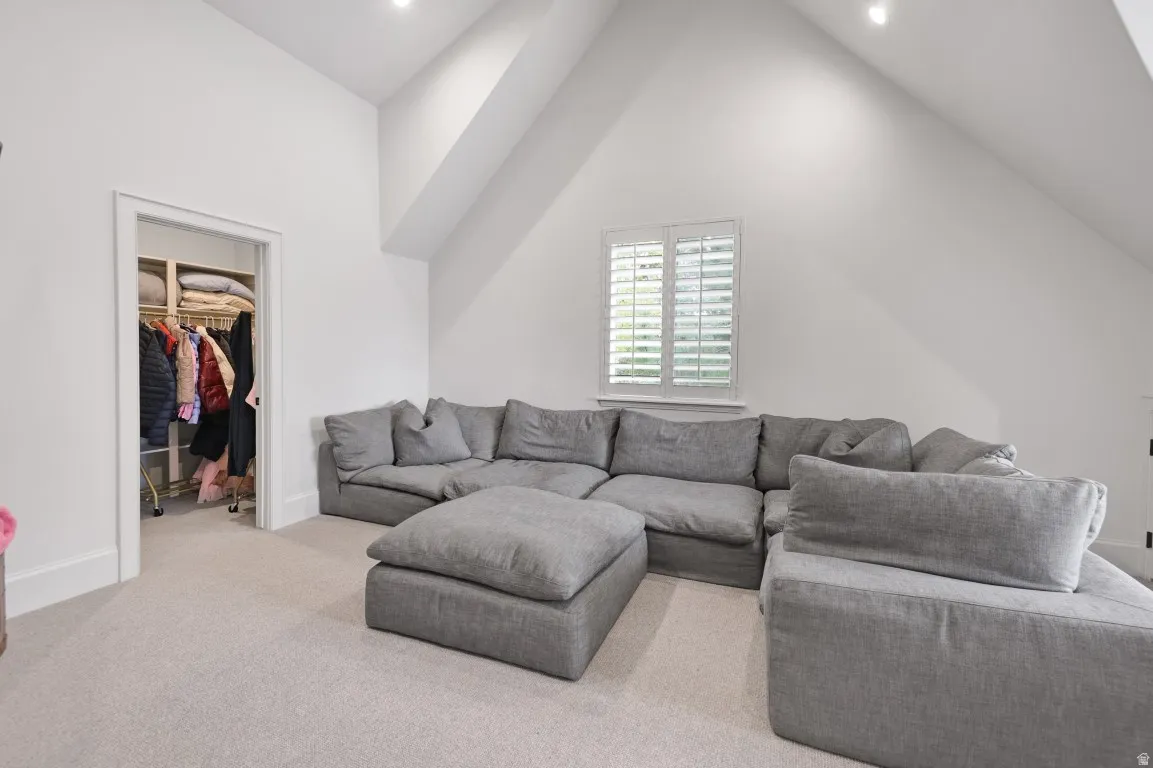 Sloped ceiling design, recessed lighting, plantation shutters, built-in closet organization, and light-toned carpeting