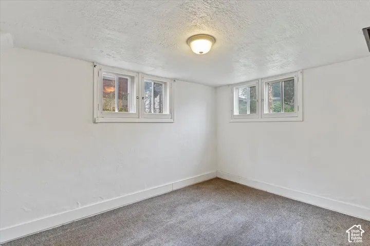Wall-to-wall carpeting with white painted walls, two sets of double windows, and a ceiling-mounted light fixture