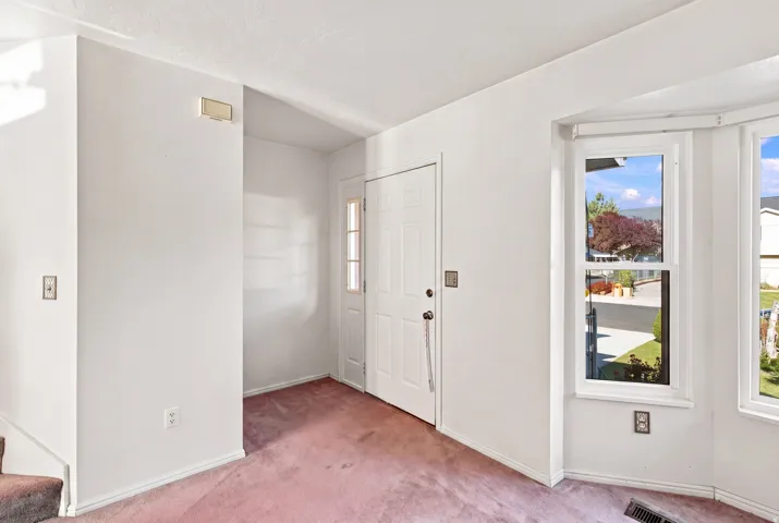 Entryway featuring a white paneled door with sidelight, bay windows, and carpet flooring