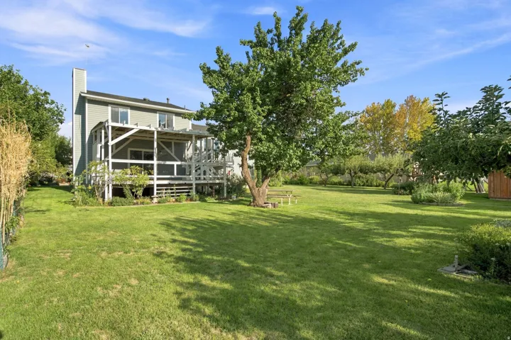 Expansive grassy yard with mature trees and a multi-level deck