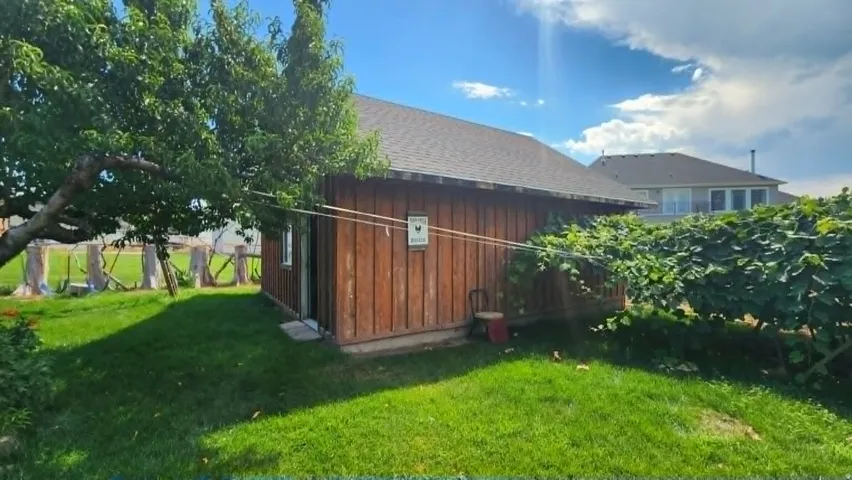 Outdoor shed featuring vertical wood siding and a shingled roof
