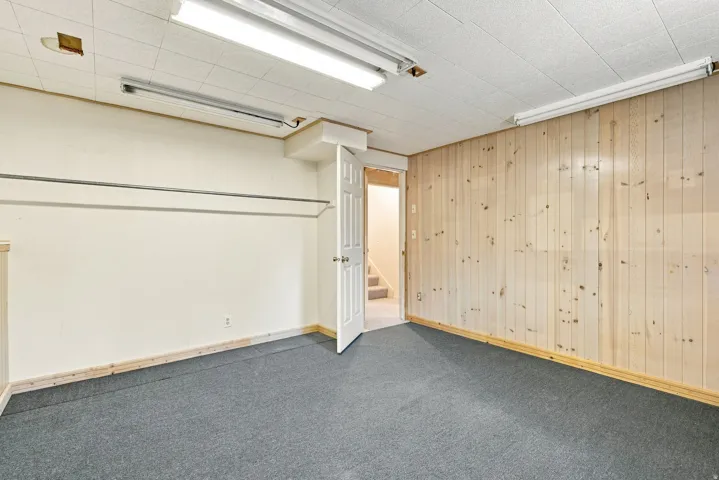 Wood-paneled accent wall, drop ceiling with fluorescent lighting, and gray carpeting