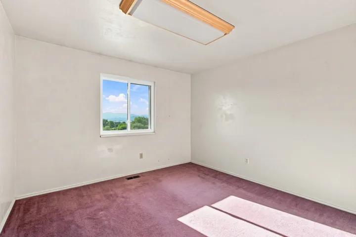 White walls, purple carpeting, and a window with a distant landscape