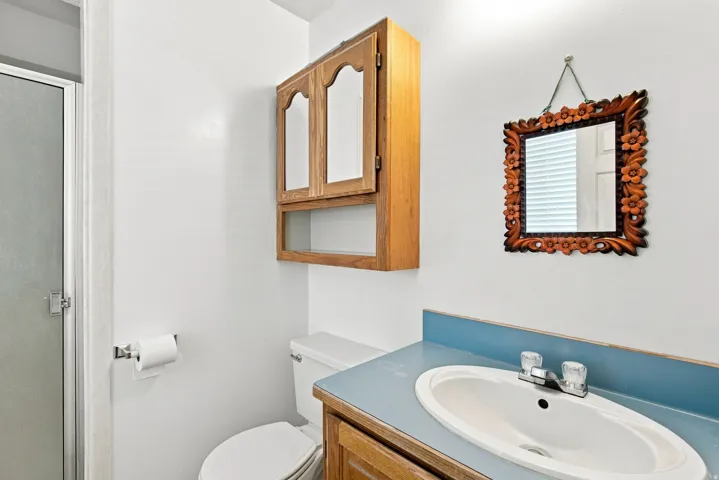 Vanity with integrated sink and blue countertop, wood-finish cabinet with upper storage, and a shower enclosure with frosted glass