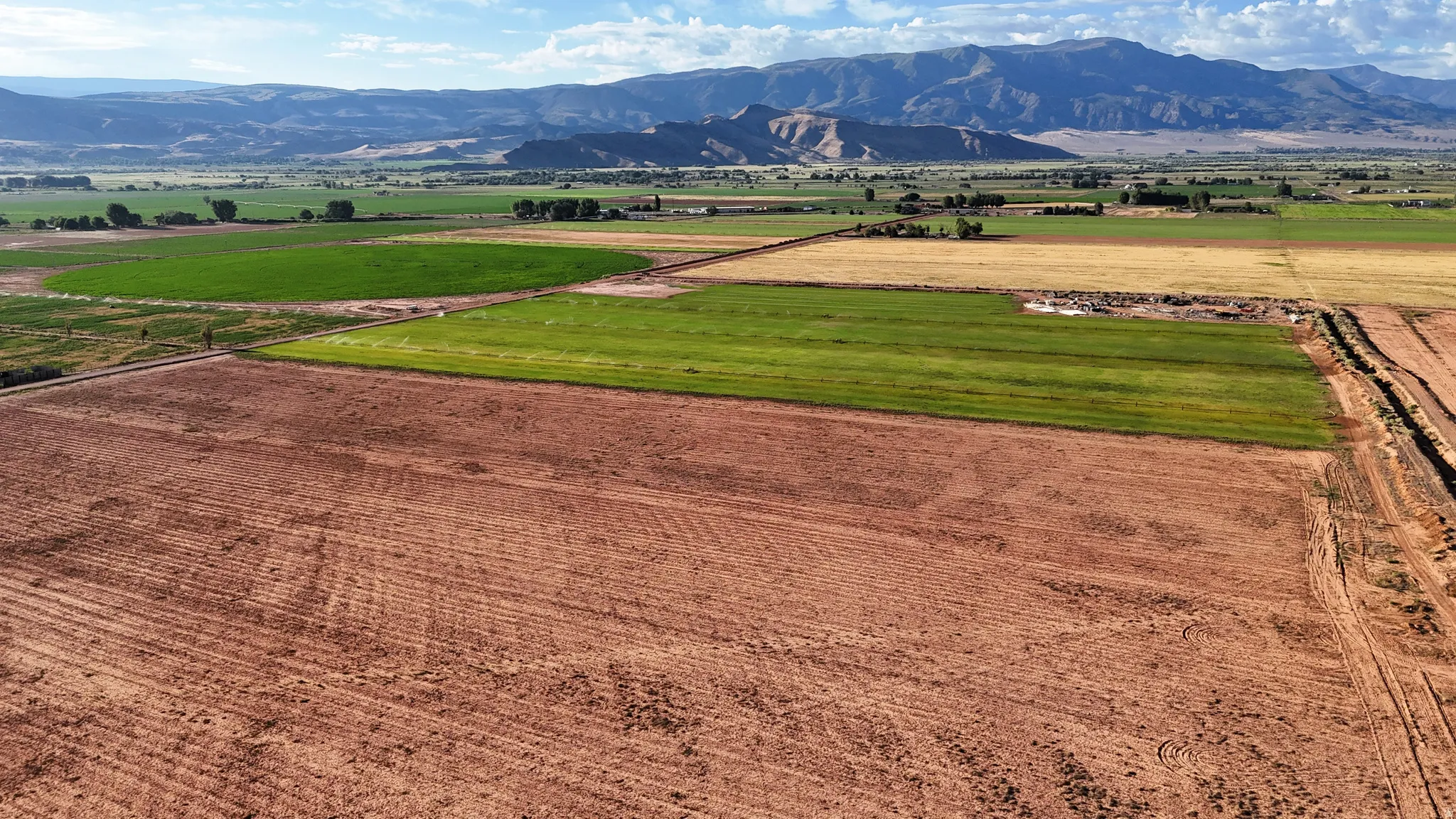 Expansive agricultural land featuring cultivated fields and a distant mountain range
