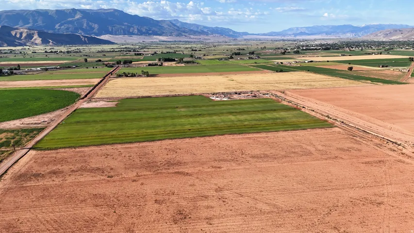 Expansive agricultural land featuring cultivated fields and a distant mountain range