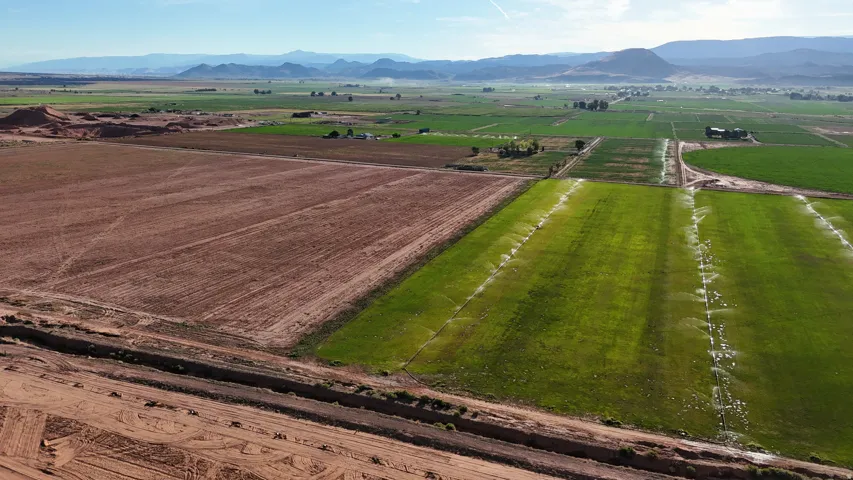 Expansive agricultural land featuring cultivated fields and a distant mountain range
