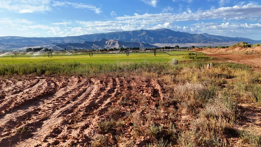 Expansive agricultural land featuring a verdant cultivated field, active irrigation system, and surrounding natural terrain