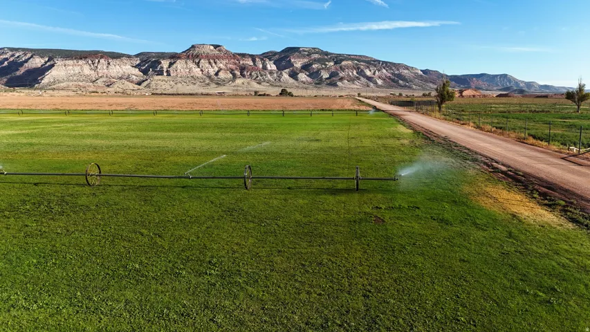 Expansive green fields with an irrigation system, unpaved road, and distant mountain backdrop
