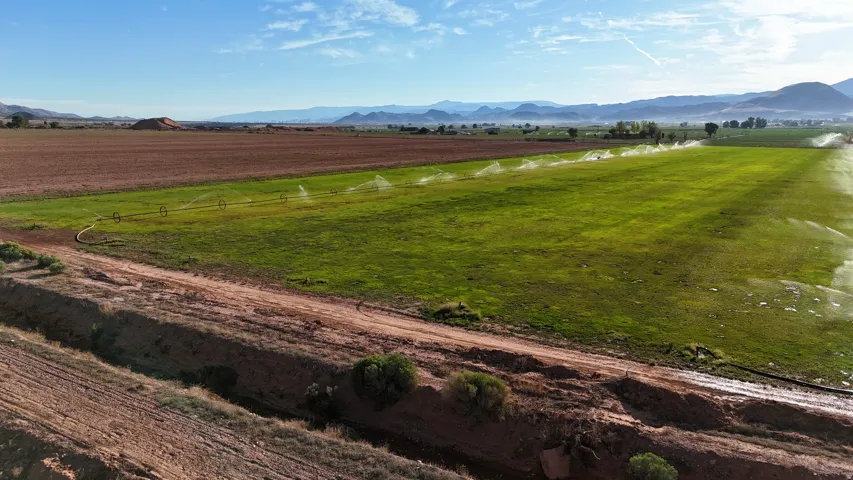 Expansive green field with active irrigation system, bordered by tilled brown earth and distant mountains