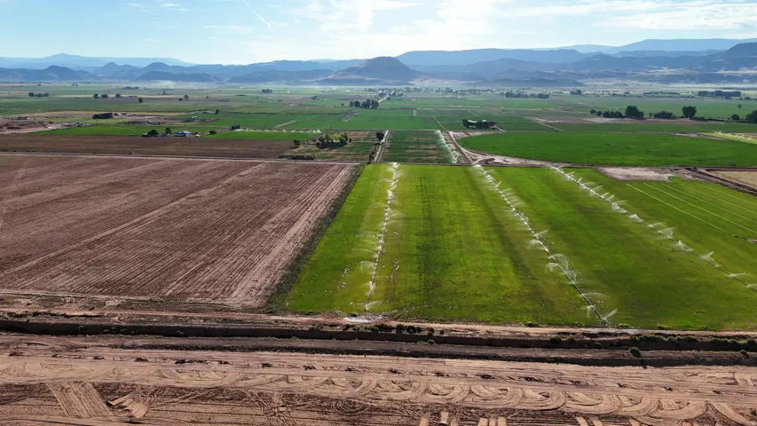 Expansive agricultural land featuring cultivated fields and irrigation systems