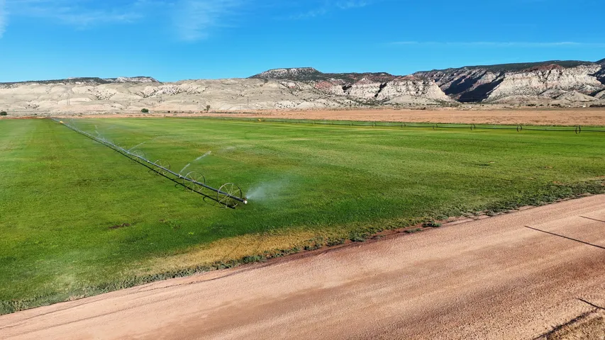 Expansive green fields with mountainous backdrop, center pivot irrigation system, and dirt road access