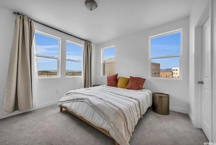 White walls, light gray carpet, and multiple windows with clear glass