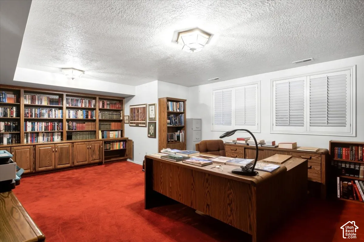 Custom built-in wood cabinetry, integrated shelving, and two windows with plantation shutters