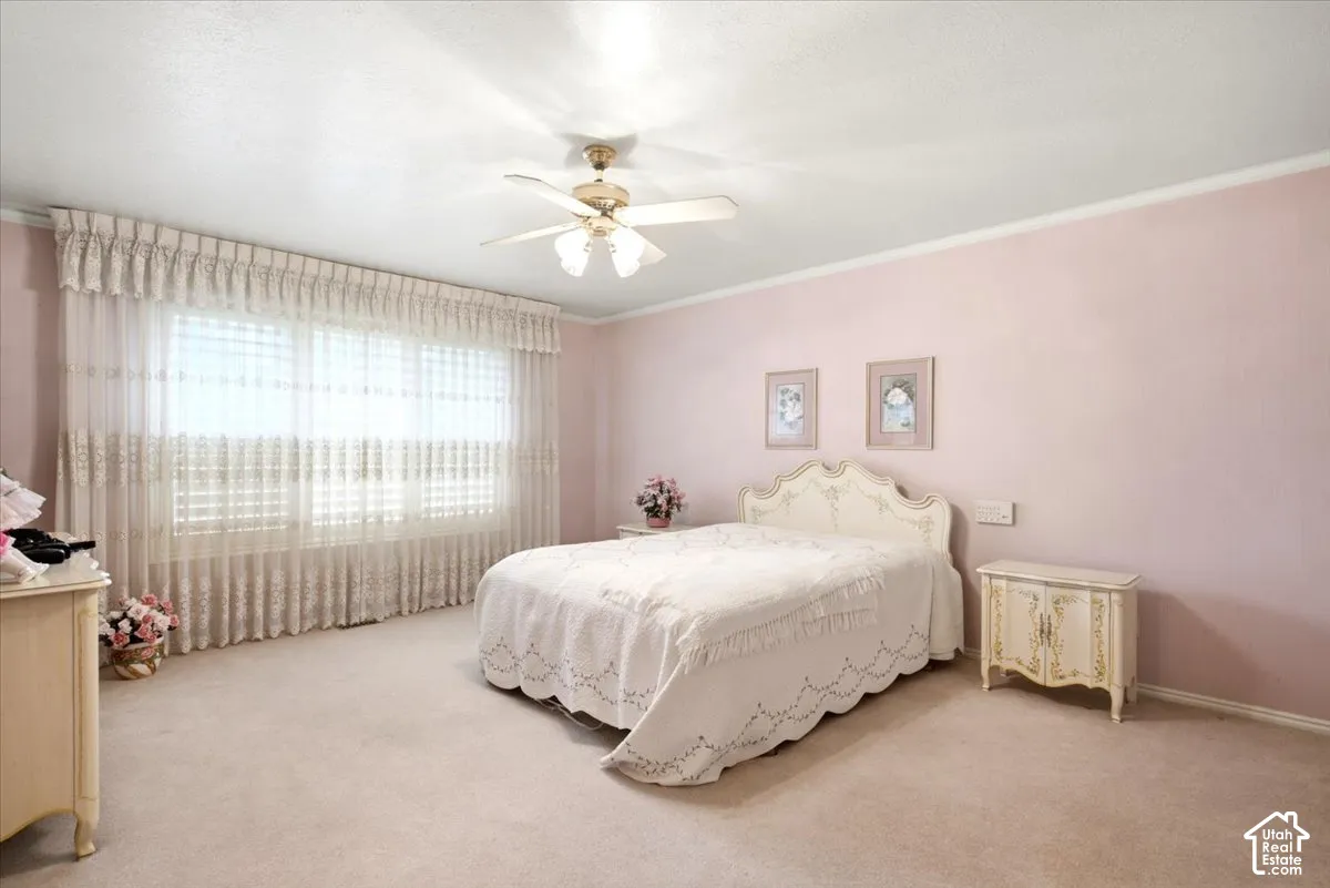 Expansive room featuring wall-to-wall carpeting, a large window with sheer drapery, a ceiling fan with integrated lighting, and crown molding