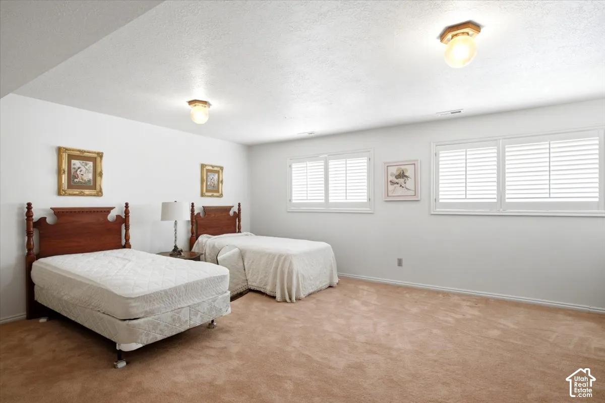 Room with two windows featuring white louvered shutters and a neutral carpeted floor