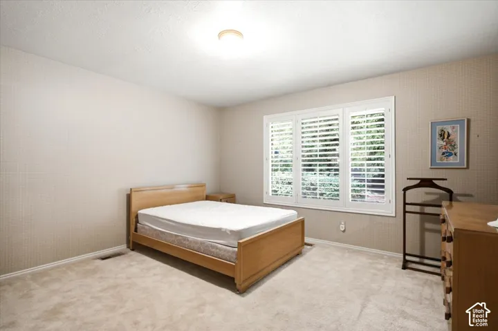 Window with plantation shutters, wall-to-wall carpeting, and textured wall finish