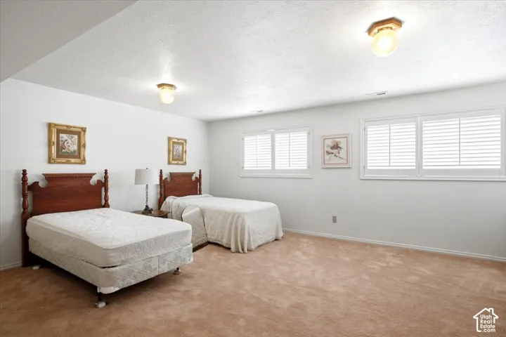 Room with two windows featuring white louvered shutters and a neutral carpeted floor
