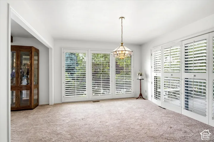 White interior walls, plush carpet flooring, multi-pane glass doors with plantation shutters, ceiling-mounted light fixture, and a built-in display cabinet