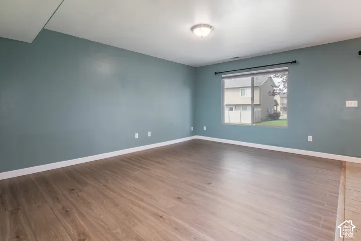 Spacious room featuring fresh blue-green painted walls, wood-finish flooring throughout, and abundant natural light from a large window