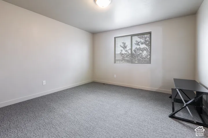 Neutral painted walls, grey carpet flooring, and a single window with blinds