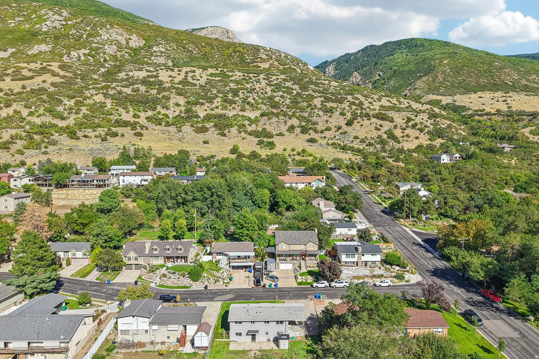 Residential properties nestled within a mountainous landscape featuring mature trees and paved roadways