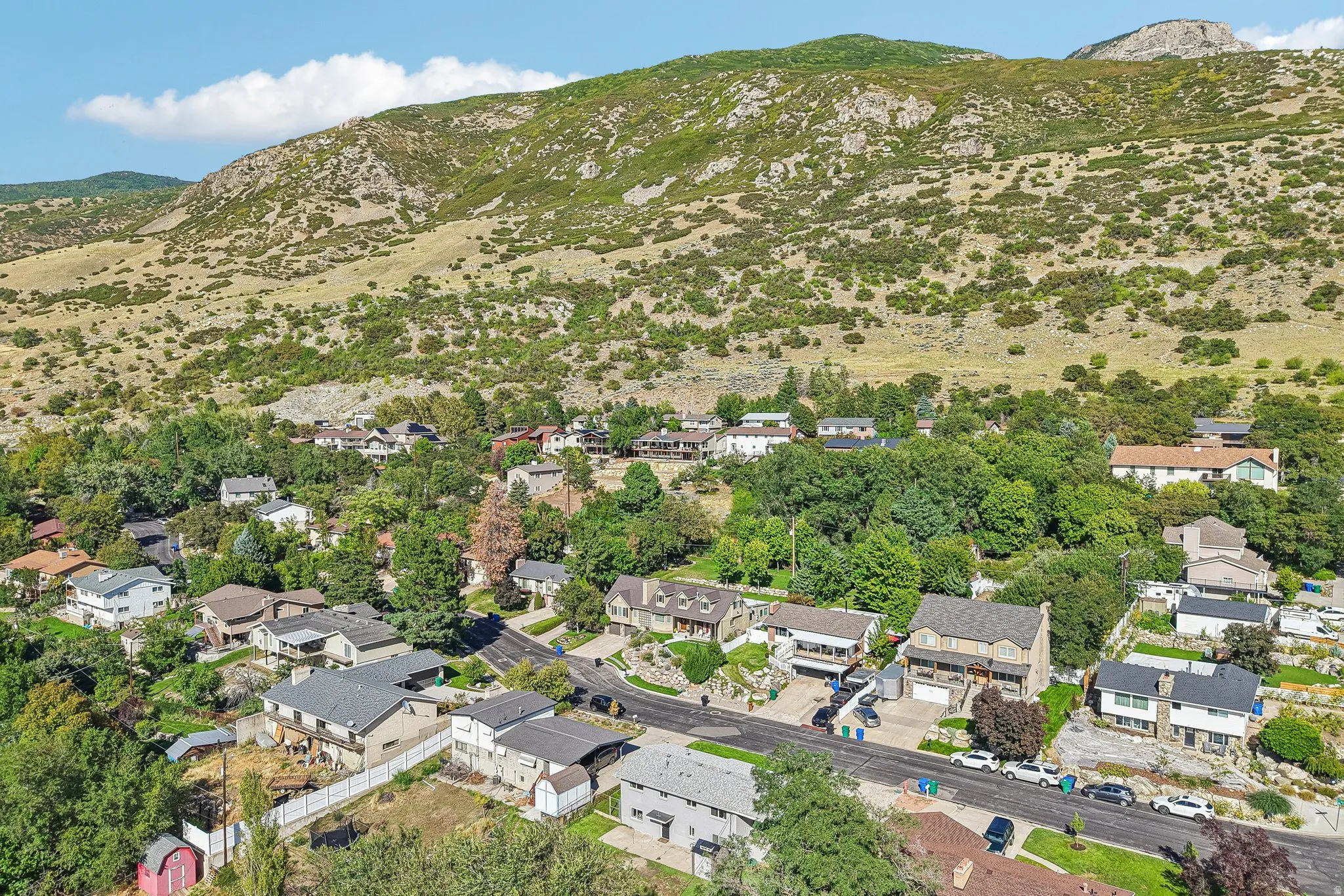 Neighborhood setting featuring mountainous terrain and abundant mature trees