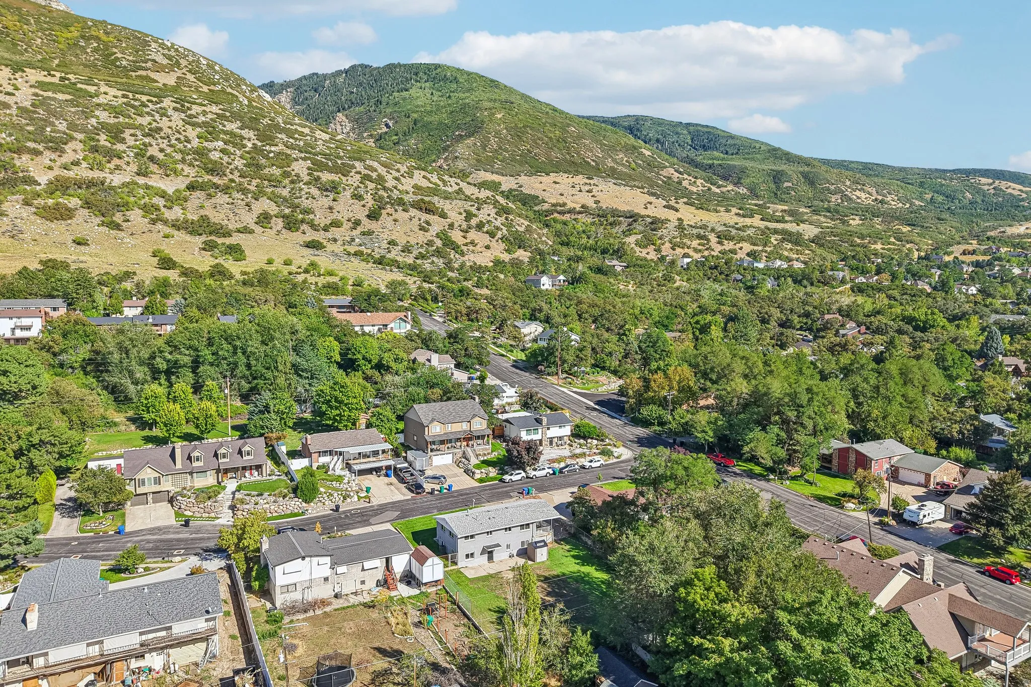 Residential neighborhood with established homes, mature trees, and mountainous terrain