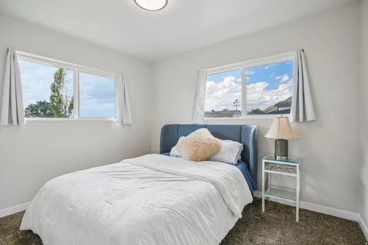 Plush carpeting and two windows with white trim
