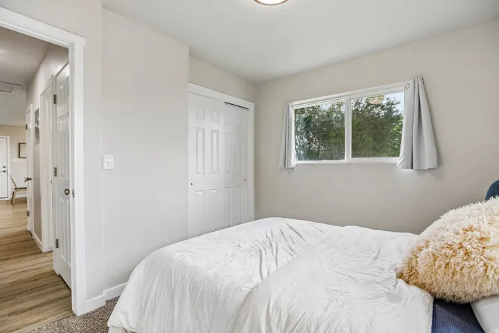 Window with exterior foliage, white bi-fold closet doors, neutral wall paint, and carpet flooring