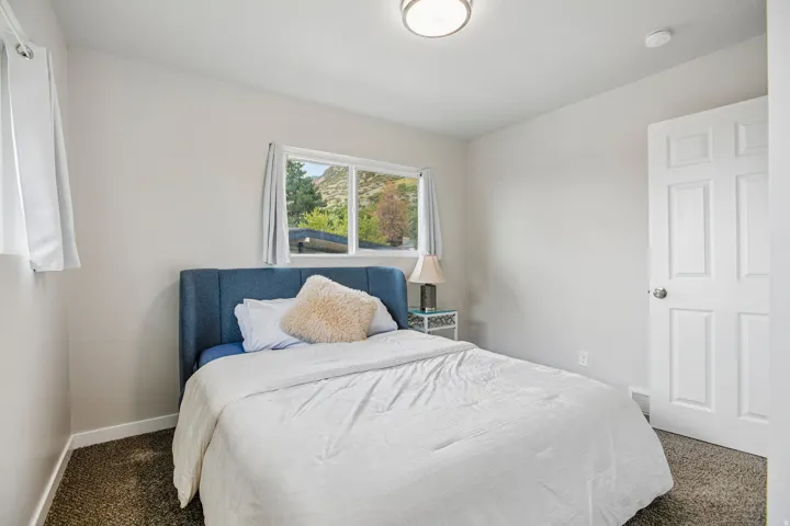 Neutral wall tones, carpeted flooring, a multi-pane window, and a flush-mount ceiling light