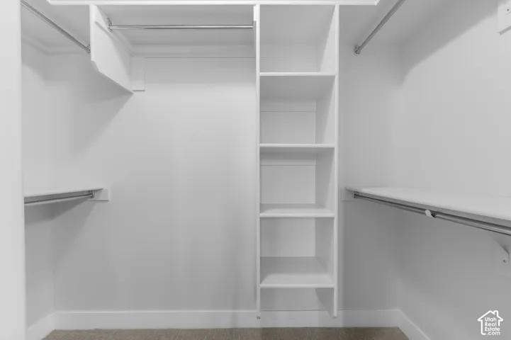 Built-in shelving unit, multiple hanging rods, white-painted walls, and carpet flooring