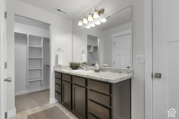 Single vanity with dark wood-finish cabinetry, light-toned countertop, and undermount sink