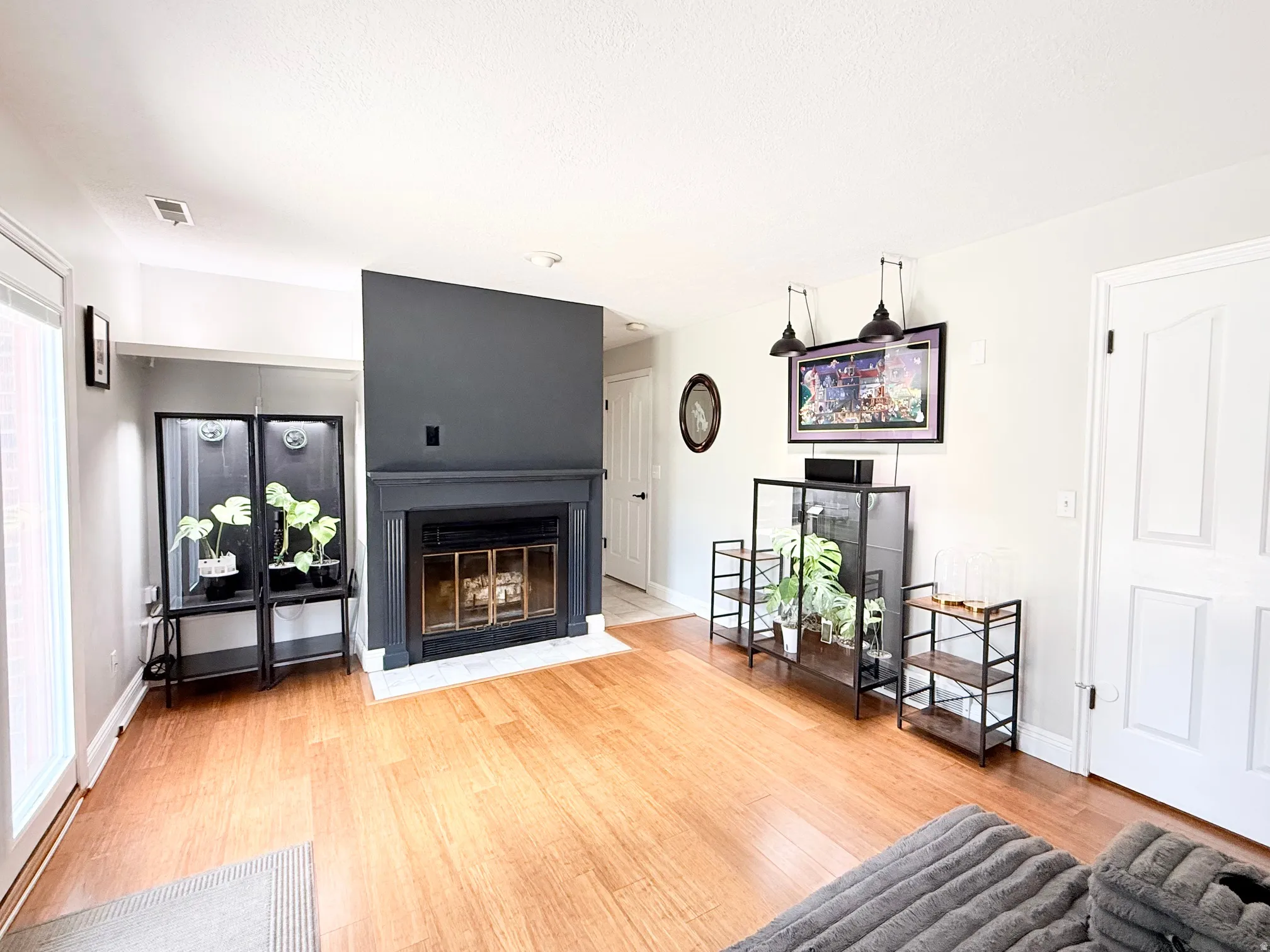 Hardwood-finish flooring throughout, a gas fireplace with a dark mantel, a glass sliding door, and white panel doors