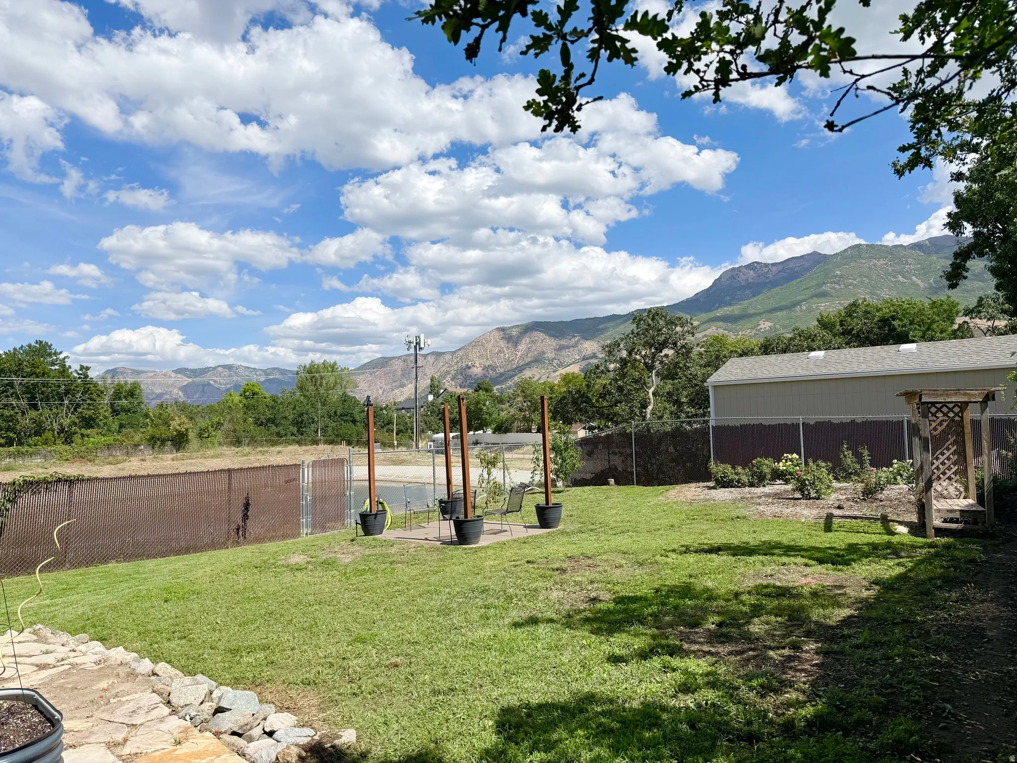 Expansive lawn area with a chain-link fence, a storage shed, and a wooden trellis