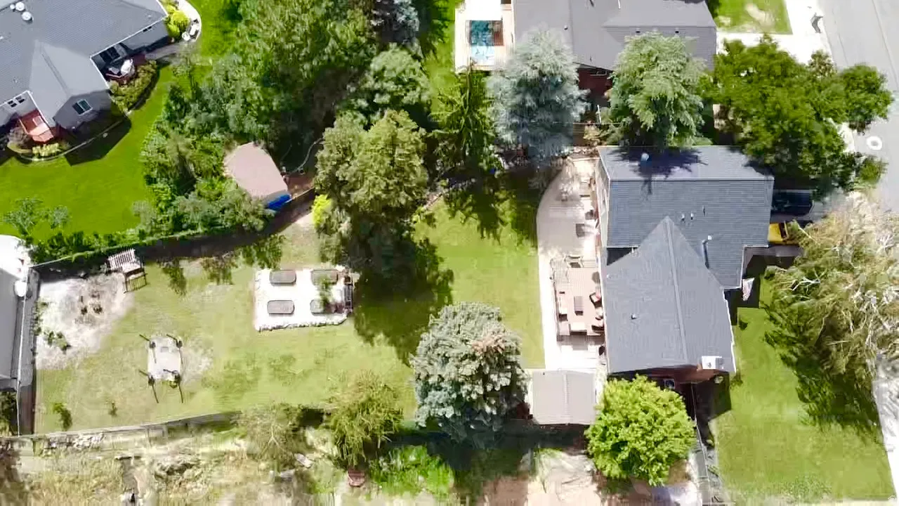 Expansive backyard featuring a patio, mature trees, manicured lawn, and a shed