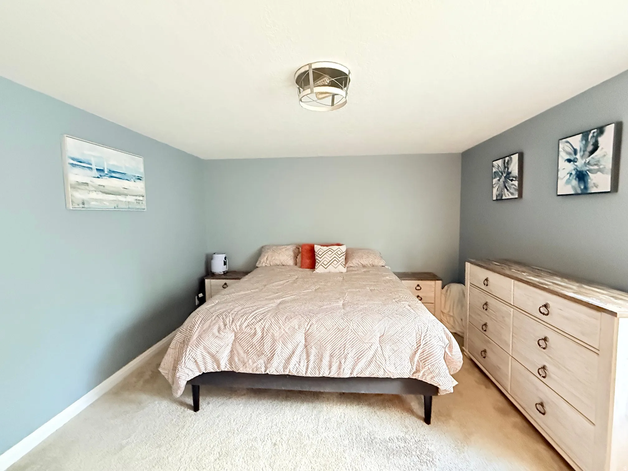 Wall-to-wall carpeting and a ceiling-mounted light fixture